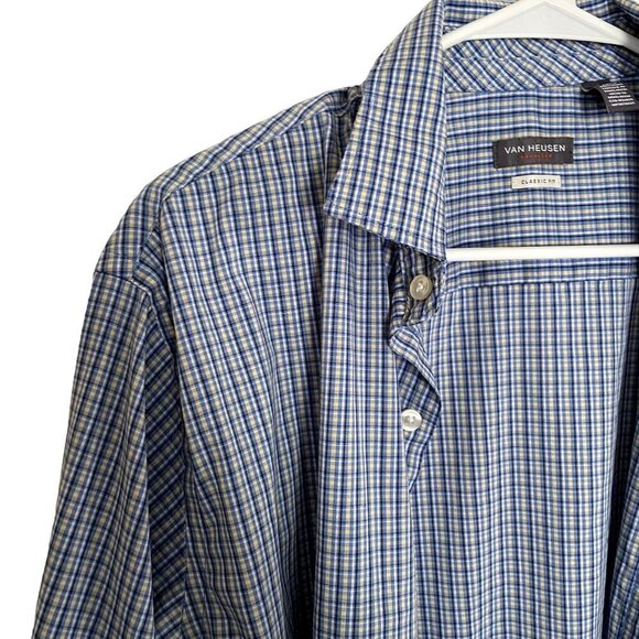 Van Heusen classic fit blue yellow checkered long sleeved button down shirt - Picture 2 of 6